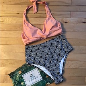 Cupshe Pink Twisted Halter Bikini, Geometric Print High Waisted Bottom - M